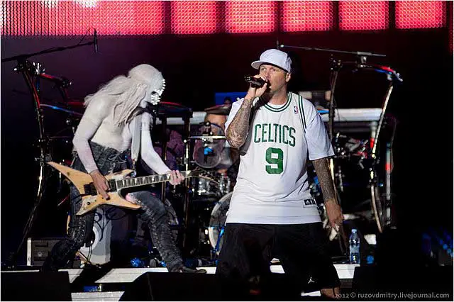 Limp Bizkit on stage during a concert in Russia.