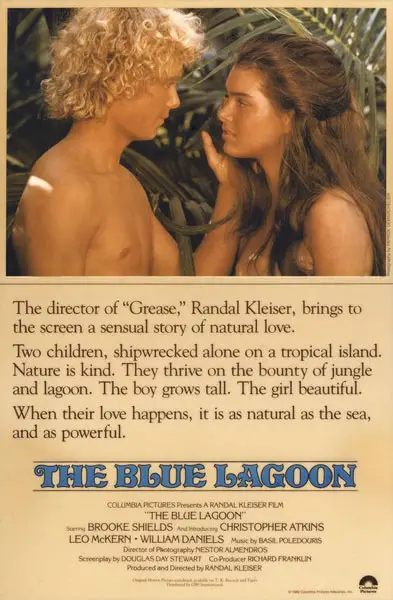 The Blue Lagoon movie poster of the '80s featuring two teenagers top naked in the jungle.
