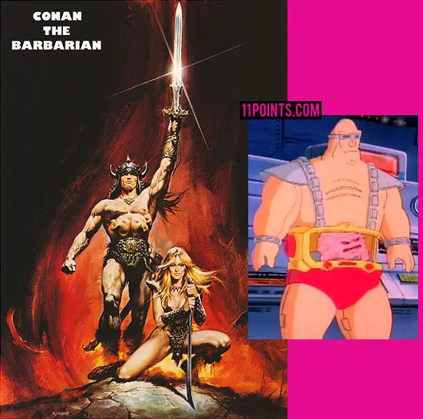 Movie poster of Conan the Barbarian featuring Conan raising his sword and Valeria crouching beside her. Beside is an inserted photo of Krang.