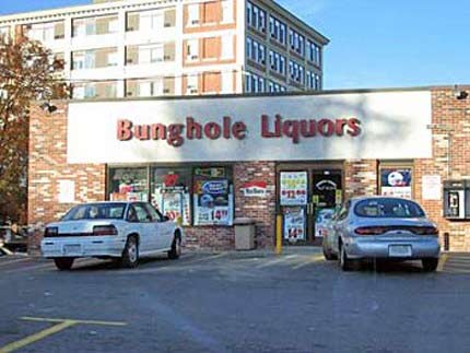 A liquor shop with the business name Bunghole Liquors.