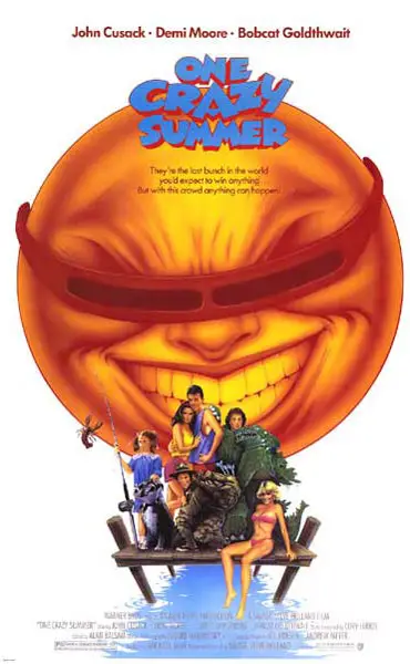 Movie poster of the 1986 film "One Crazy Summer" featuring the main characters on a wooden pier with a huge yellow sun wearing shades and evil grin.