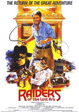Indianna Jones holding a whip in the movie poster of Raiders of the Lost Ark.