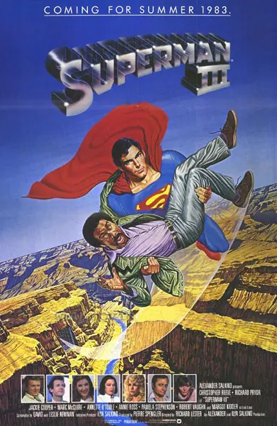 Superman III movie poster of Superman carrying Richard Pryor over the Grand Canyon.