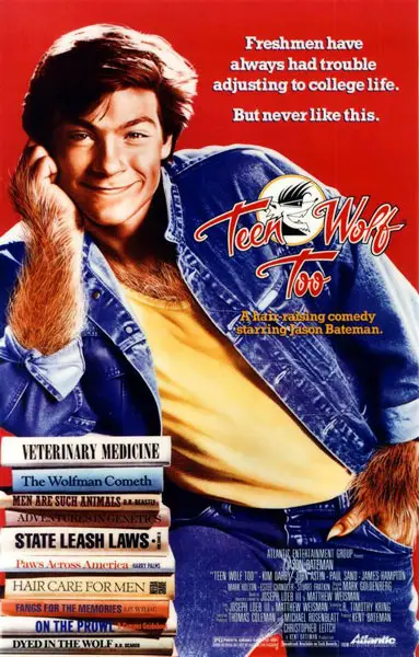 Jason Bateman in Teen Wolf Too wearing denim jacket and jeans with yellow undershirt depicted in their movie poster.