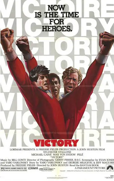 Movie poster of the 1981 film "Victory" with three superheroes wearing red costume stretching their fists upwards forming the letter "V".