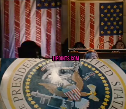 US logo in the movie with the bald eagle carrying a machine gun and cash in his talons.