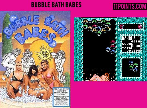 Three babes in bikinis on the left and another naked one on the right lying around the bubbles showing her boobs in the old nude video game Bubble Bath Babes.