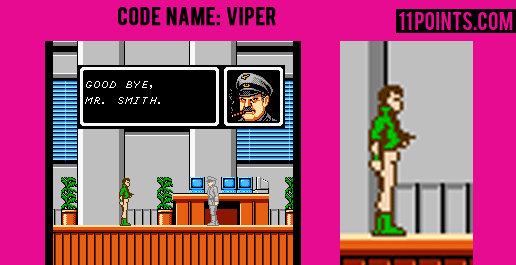 A scene in Nintendo's video game "Code Name: Viper" with Mr. Smith that looked pantsless talking to a general.