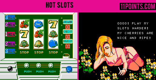A slot machine and a sexy woman lying over the flowers with her seducing outfit in the video game Hot Slots.