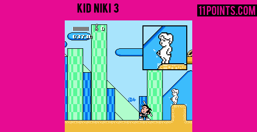 A chubby kid peeing in the main character in the video game, Kid Niki 3.