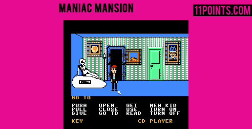 A boy standing beside a white naked statue in the video game Maniac Mansion.