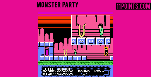 A scene in the game Monster Party where a green character stares at upside-down legs.