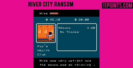 Mike, the character in the video game "River City Ransom" showing his butt while in the sauna.