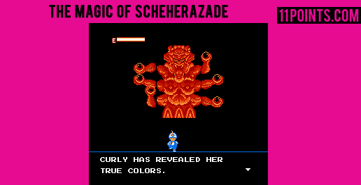 The main character in The Magic of Scheherazade facing a red monster with six hands and huge breasts.