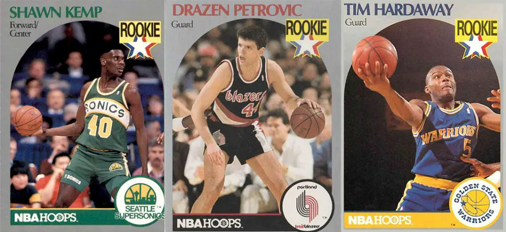 Rookie NBA hoop cards from Shawn Kemp, Drazen Petrovic, and Tim Hardaway.