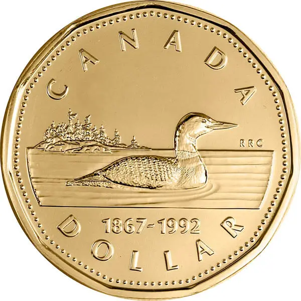 An 11-sided golden Canadian Loonie.