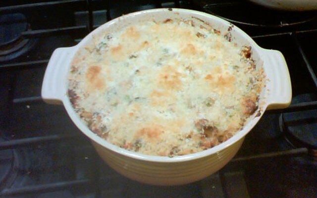 Tuna noodle casserole fresh from the pot.